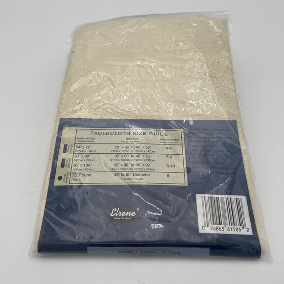 Vtg Crochet Lace Look Vinyl Tablecloth 72” Round NOS Beige Elrene Mgf - Picture 8 of 14